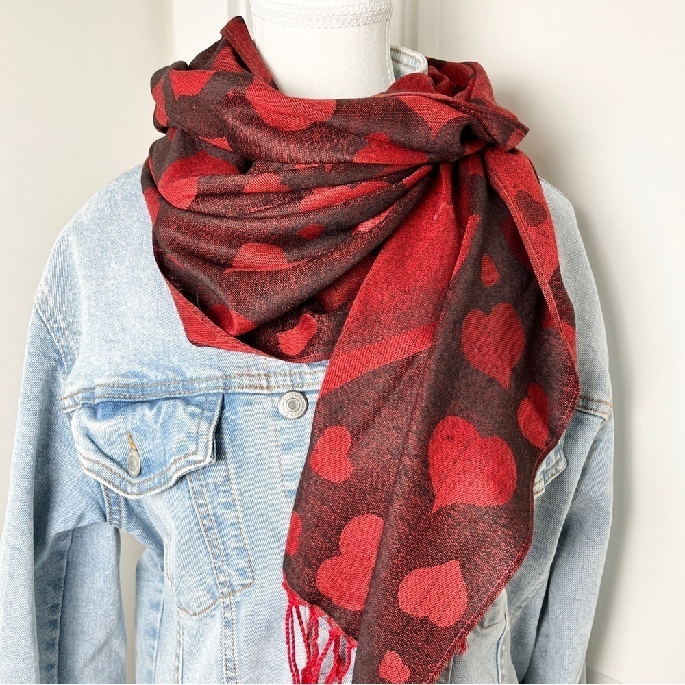 Versatile Heart Print Red Scarf/Shawl - Style with Love - One Size - Picture 5 of 7